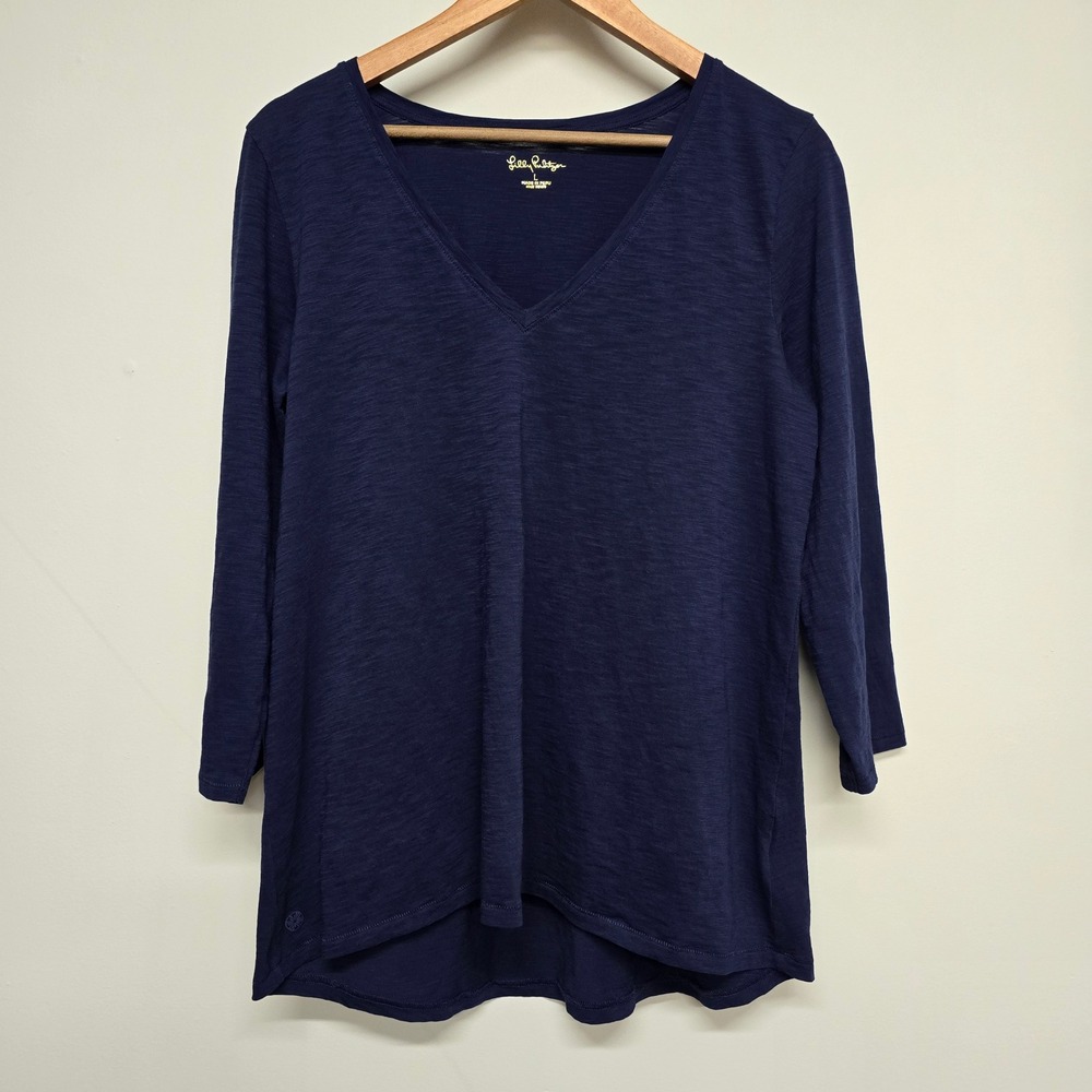 Lilly Pulitzer Etta Top Women L Navy Blue Pima Cotton V-Neck Coastal Preppy